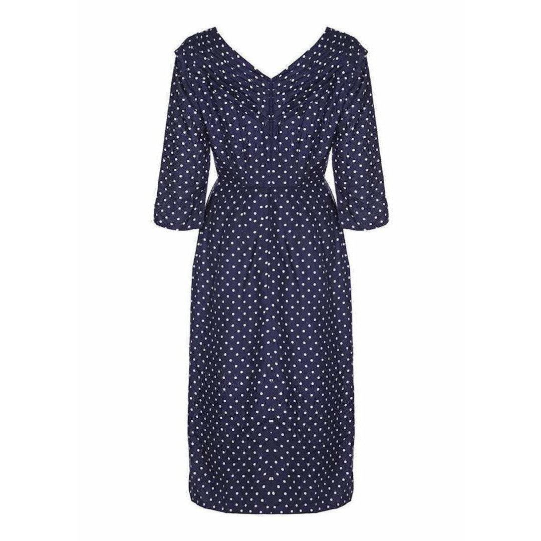 Henri 1950s Silk Navy Polkadot Dress With Pleating Detail