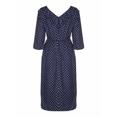 ARCHIVE - Henri 1950s Silk Navy Polkadot Dress With Pleating Detail