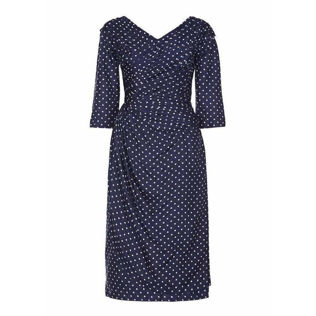 Henri 1950s Silk Navy Polkadot Dress With Pleating Detail