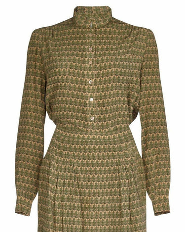 Hermes 1970s Silk Sage Green Oakleaf Print Blouse and Skirt Suit