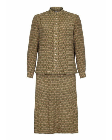 Hermes 1970s Silk Sage Green Oakleaf Print Blouse and Skirt Suit