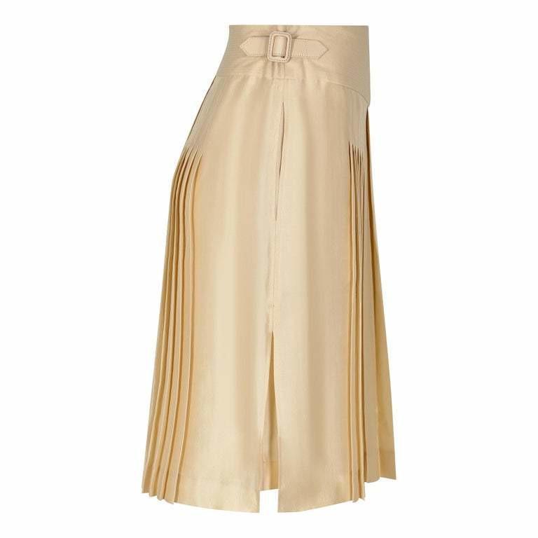 Hermes Beige Natural Silk and Leather Accordion Pleat Skirt