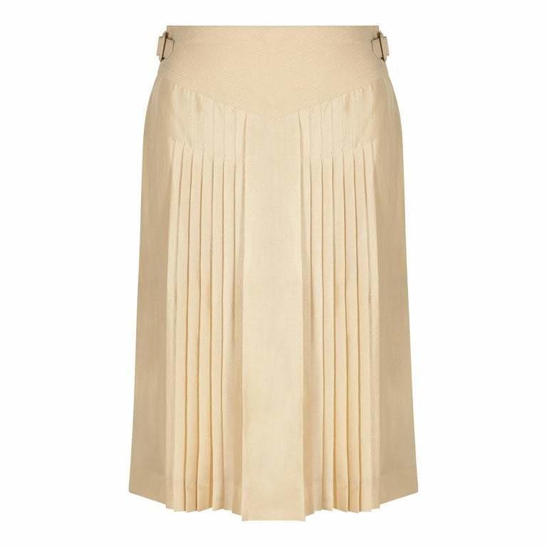 Hermes Beige Natural Silk and Leather Accordion Pleat Skirt