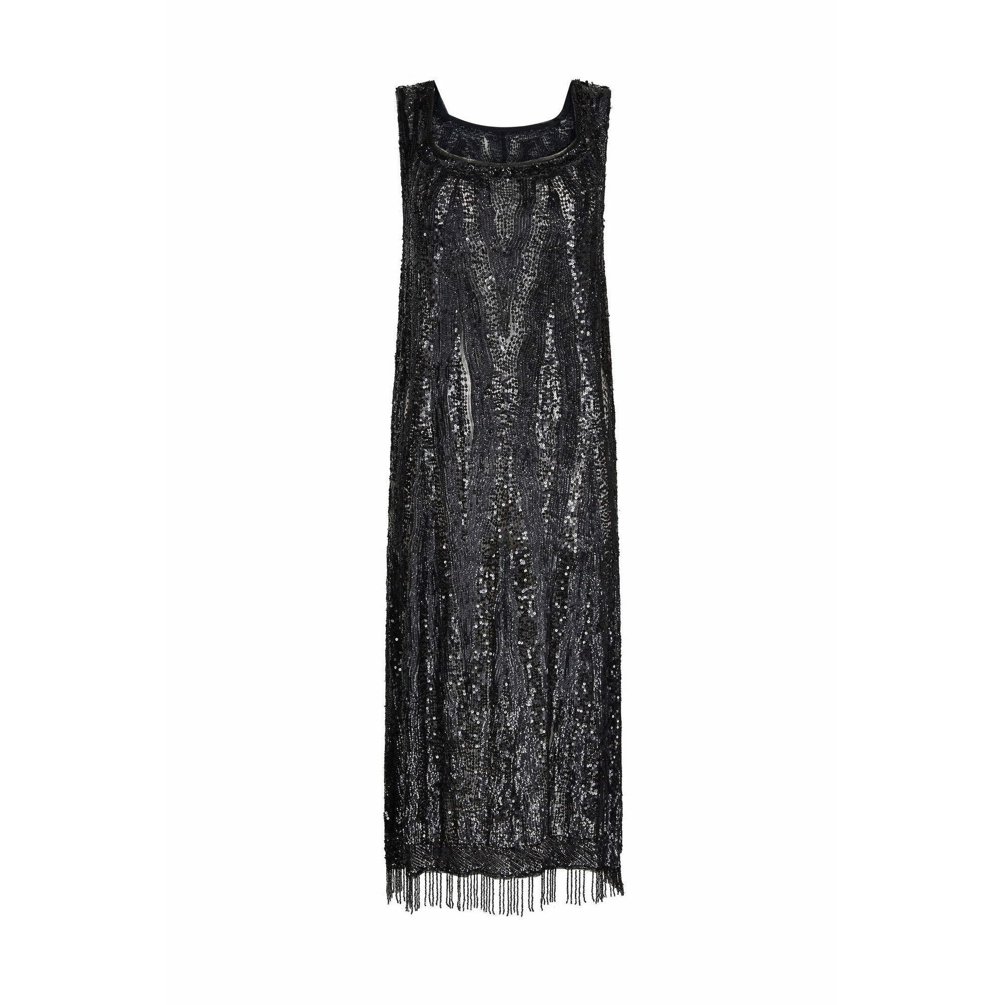 HOLD 1920s Original Fully Beaded Black Sequin Flapper Dress With Tassel Hemline