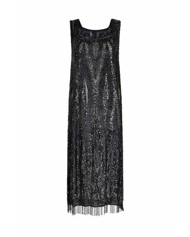 HOLD 1920s Original Fully Beaded Black Sequin Flapper Dress With Tassel Hemline
