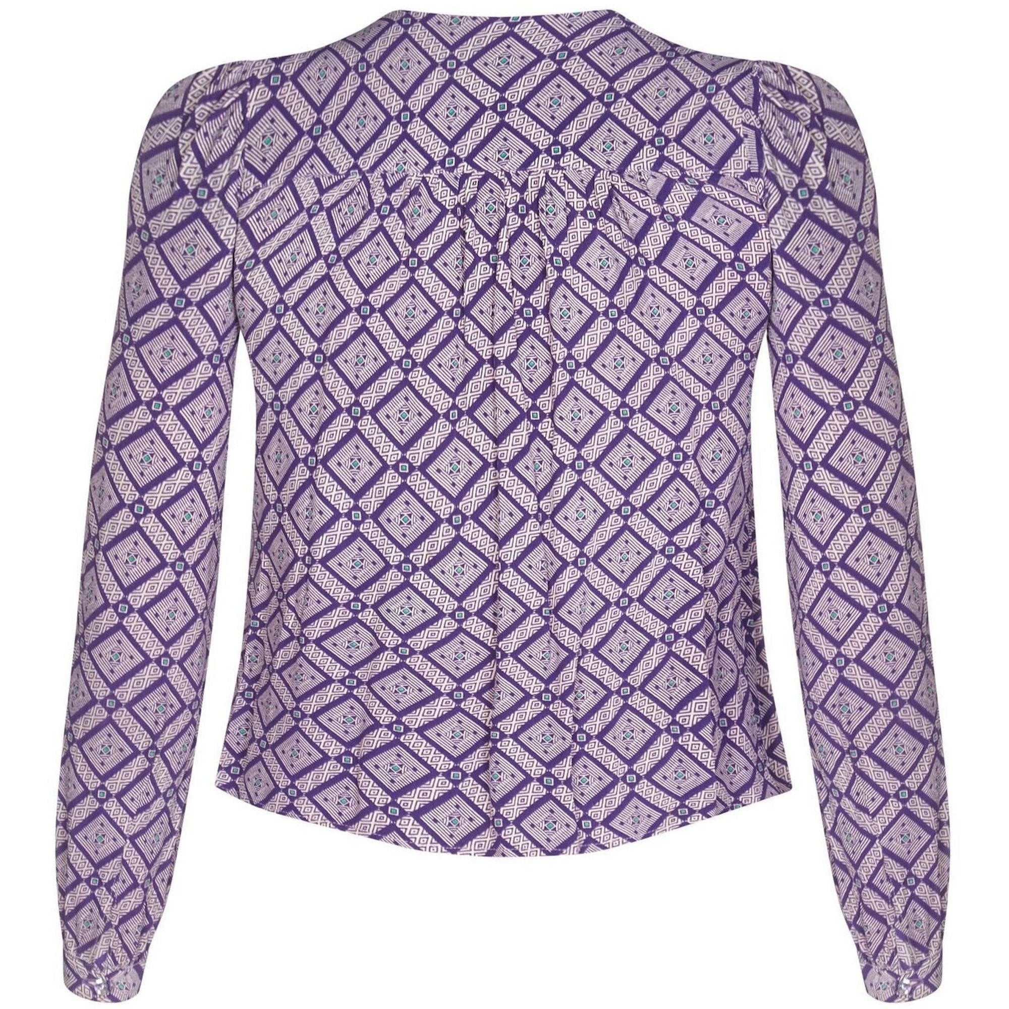 Jeff Banks 1970s Geometric Patterned Purple Blouse With Pussy Bow Collar