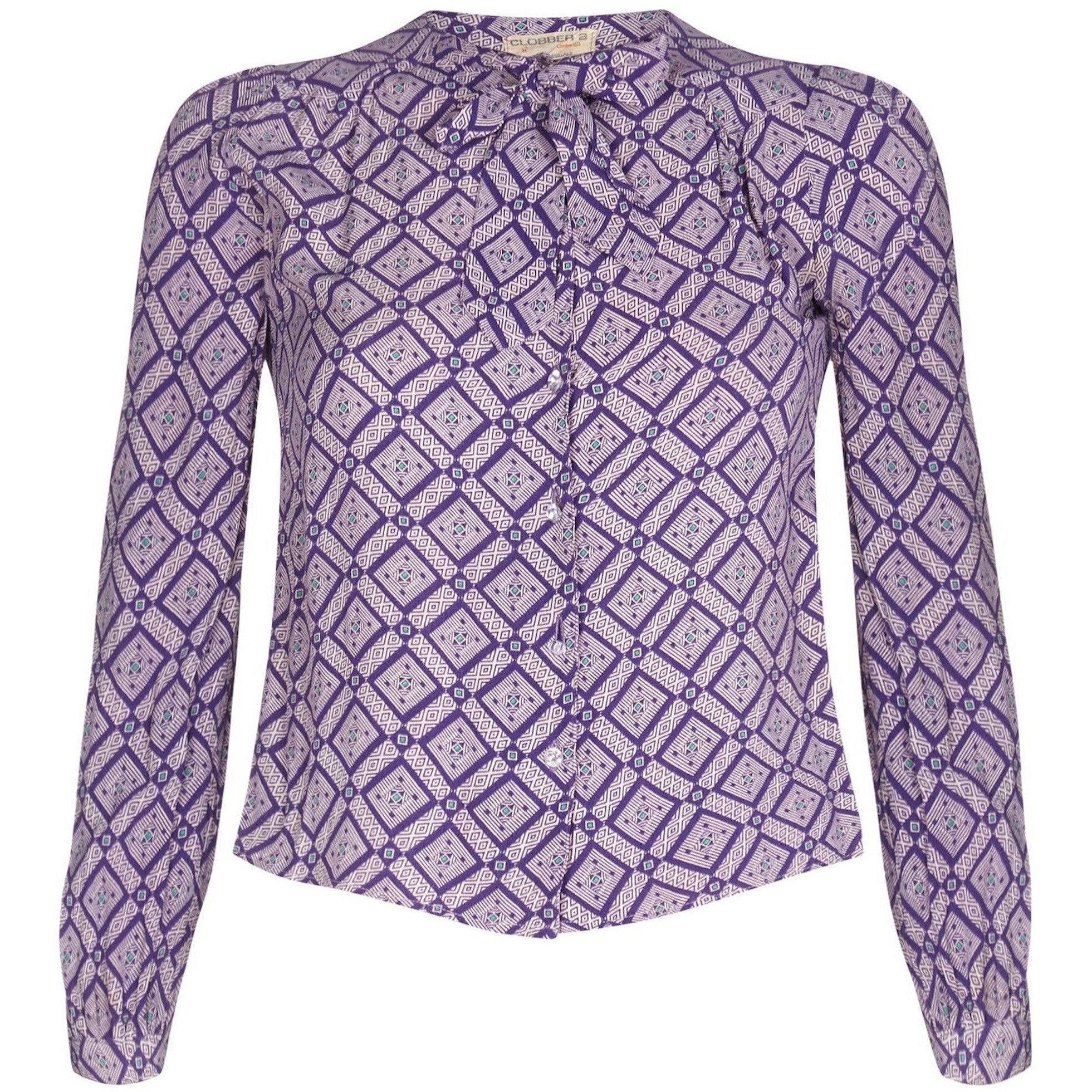 Jeff Banks 1970s Geometric Patterned Purple Blouse With Pussy Bow Collar