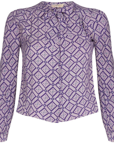 Jeff Banks 1970s Geometric Patterned Purple Blouse With Pussy Bow Collar