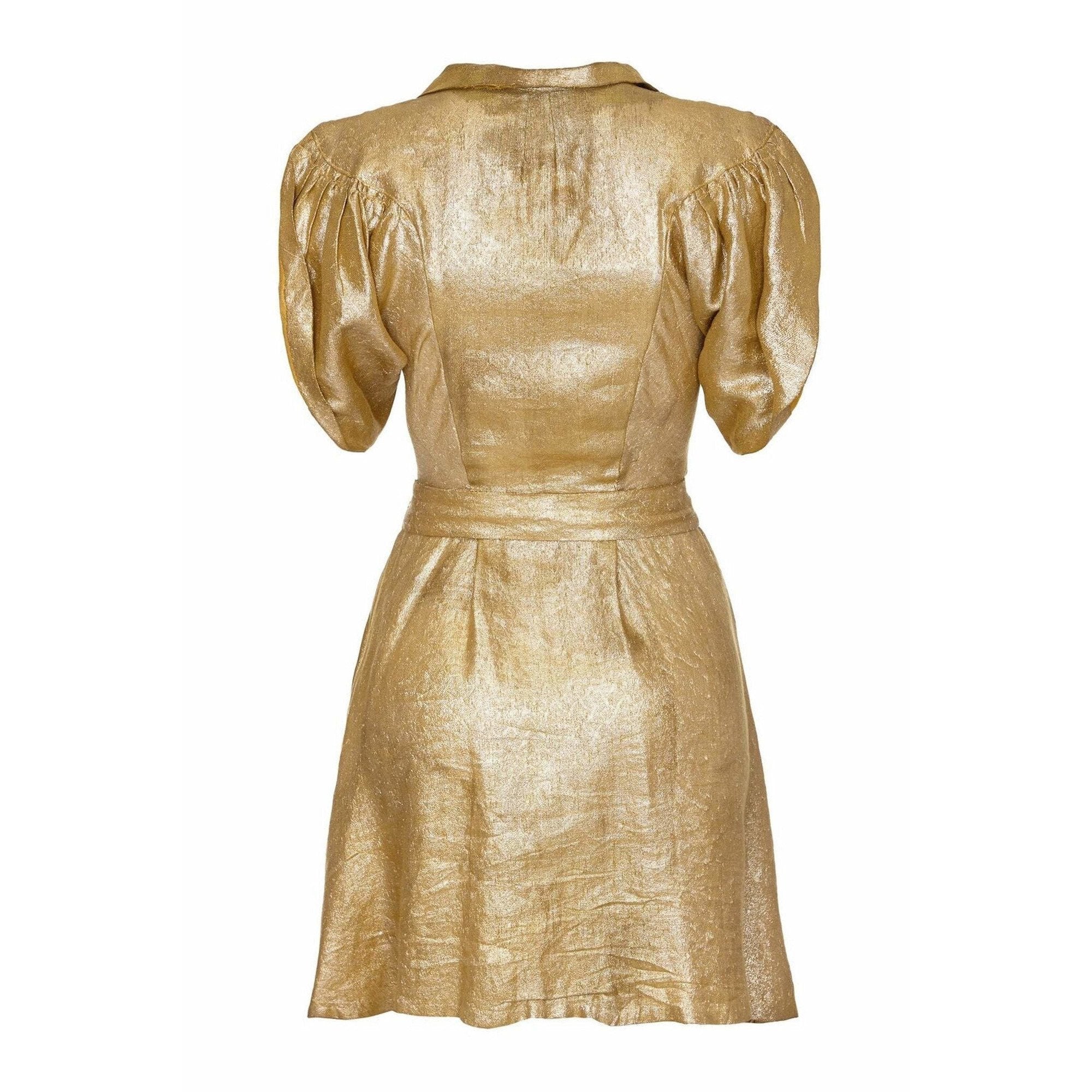 Late 1930s Gold Lame Party Dress with Cape Sleeves and Matching Belt