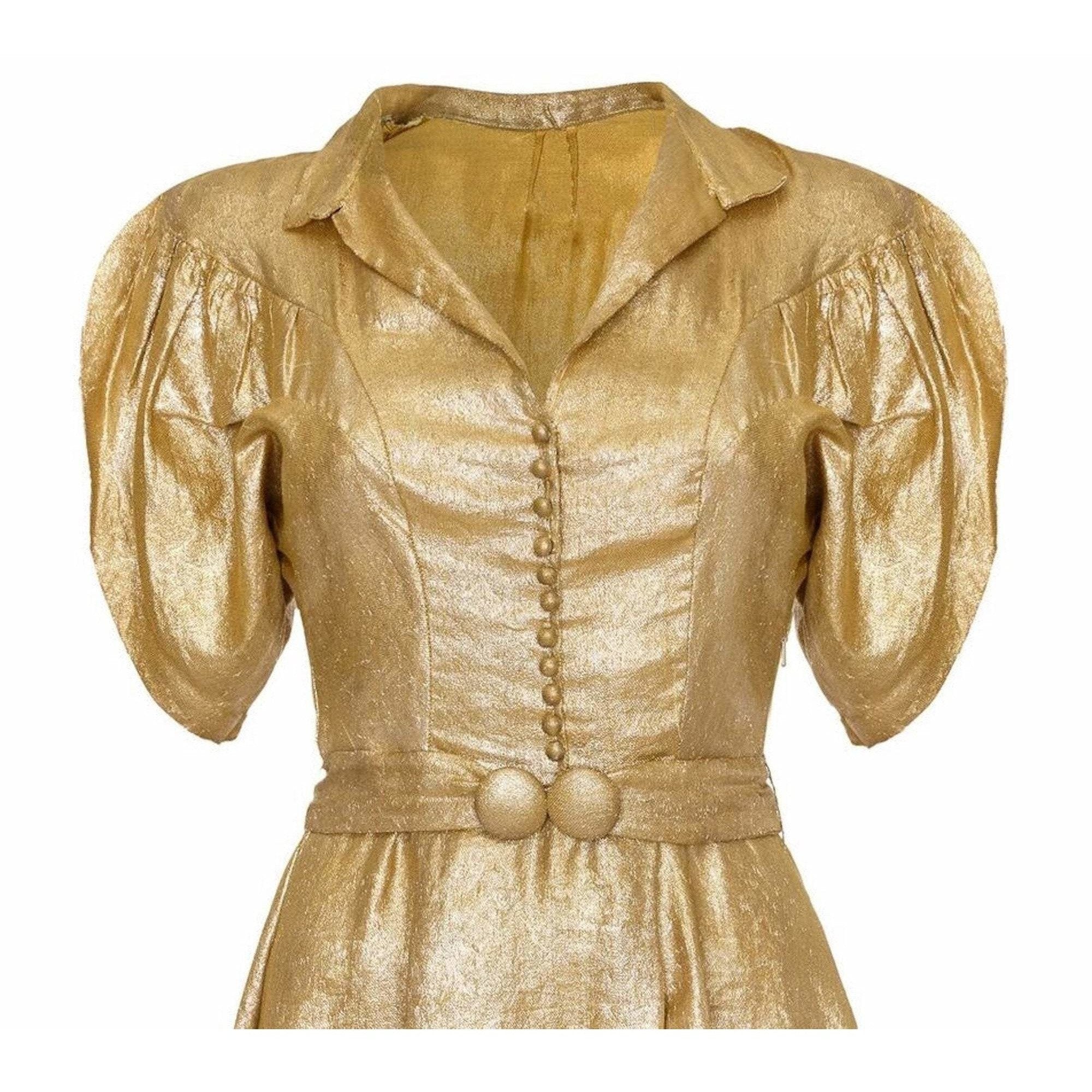 Late 1930s Gold Lame Party Dress with Cape Sleeves and Matching Belt