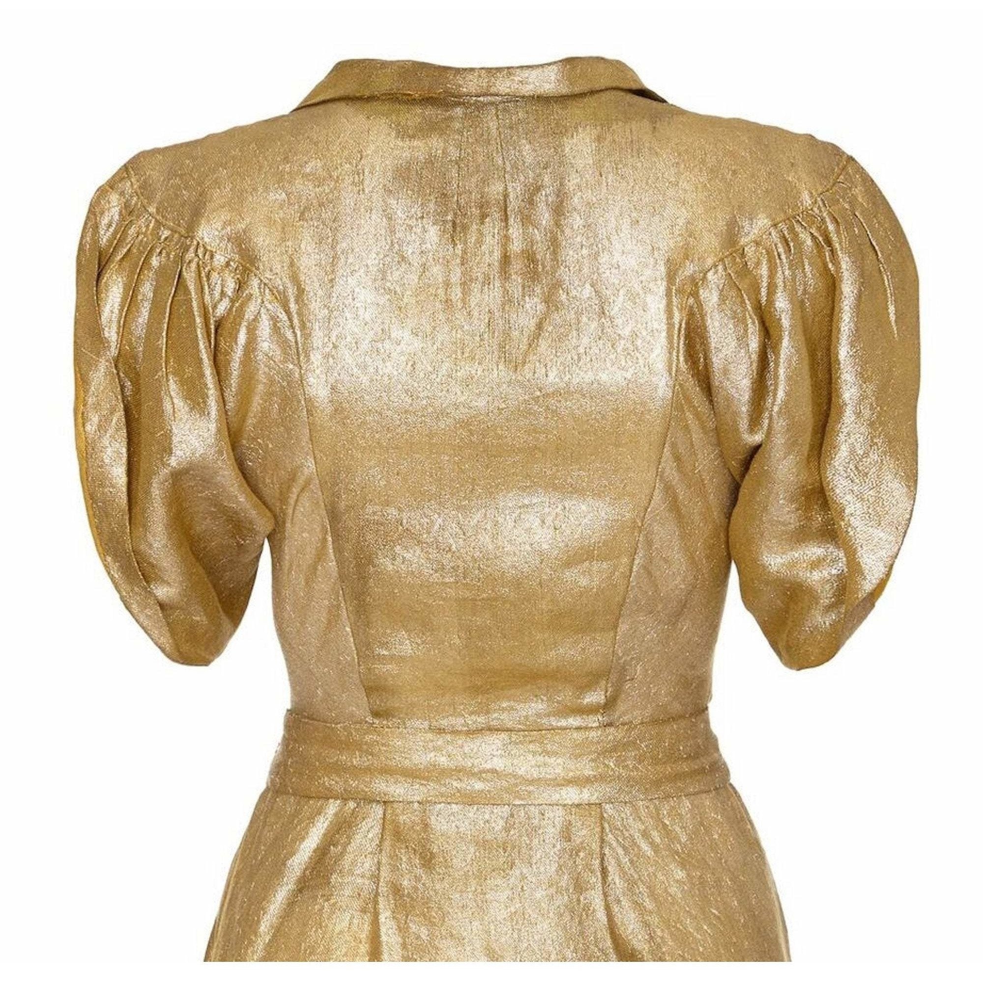 Late 1930s Gold Lame Party Dress with Cape Sleeves and Matching Belt