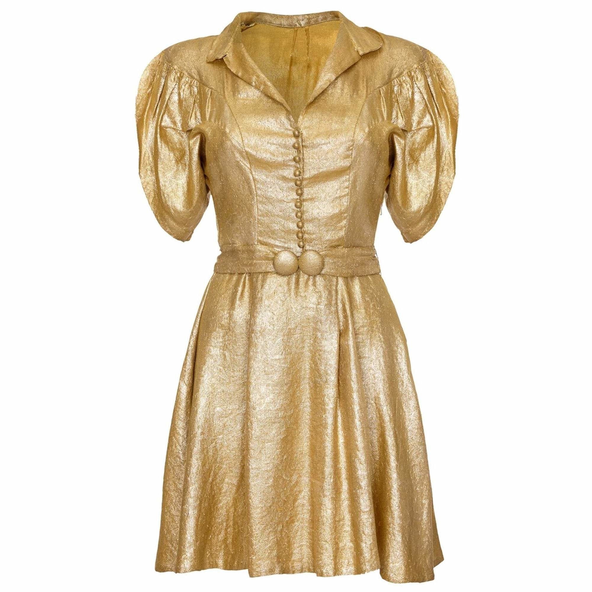 Late 1930s Gold Lame Party Dress with Cape Sleeves and Matching Belt