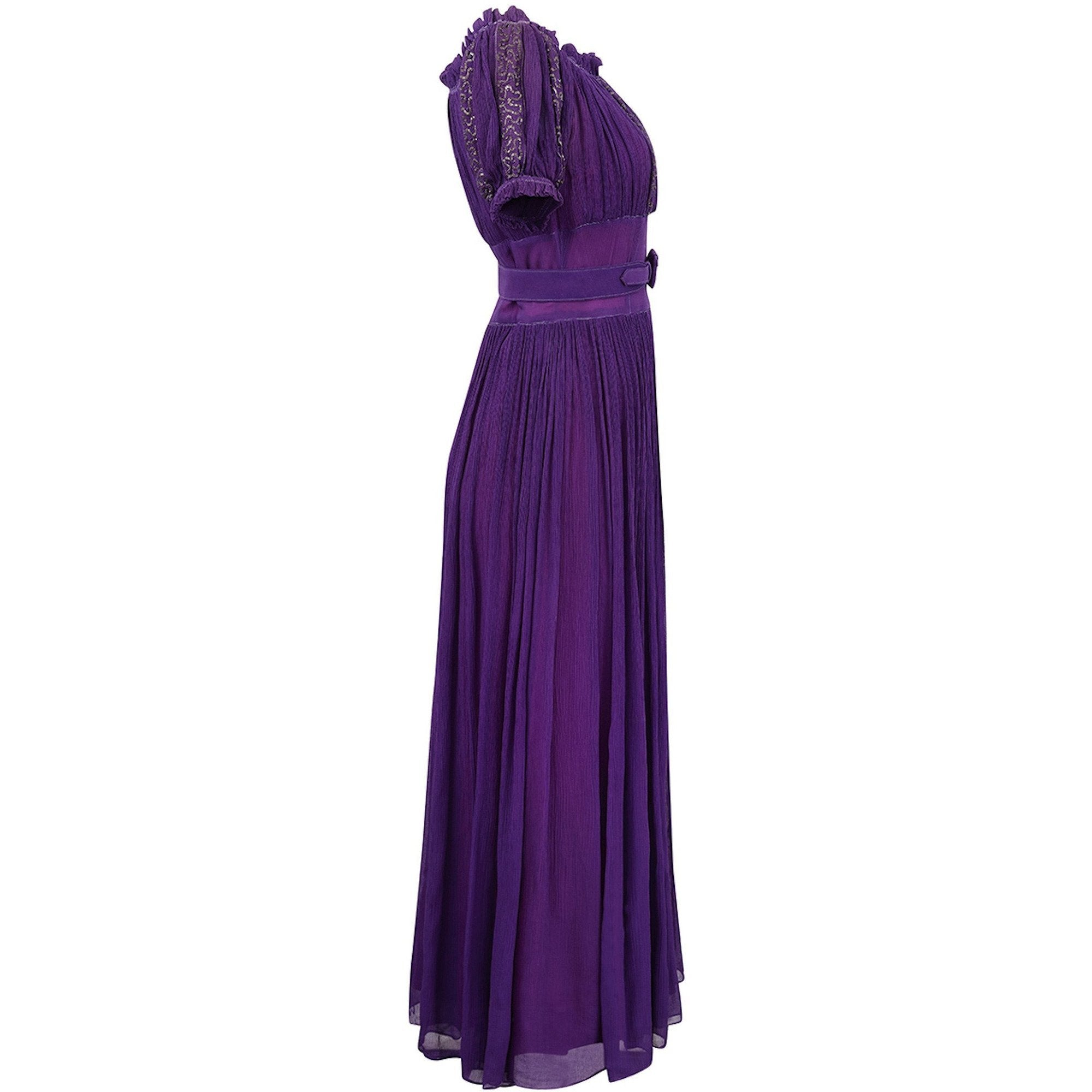 Late 1940s or 1950s Baroque Deep Purple Silk Chiffon Evening Dress