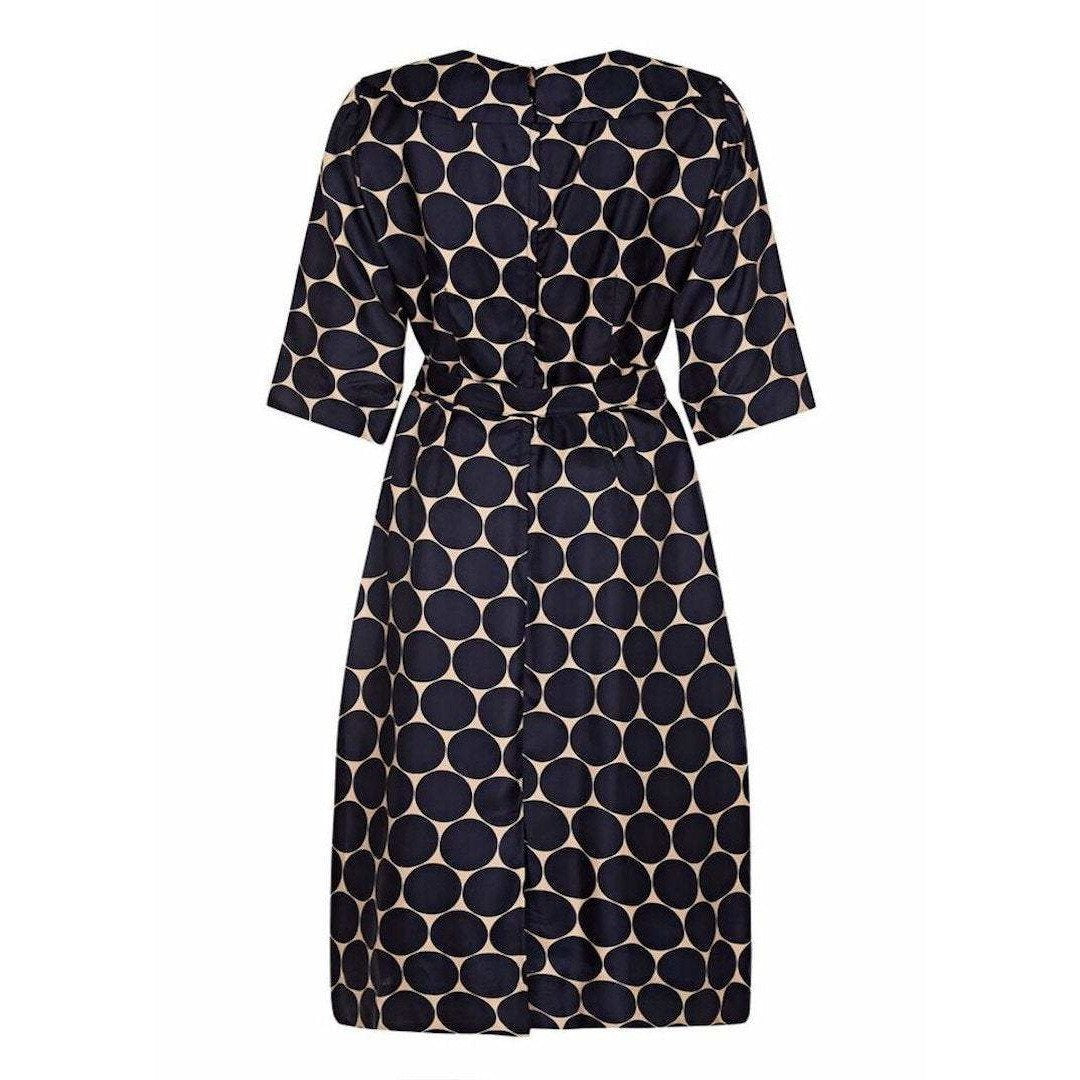 Leslie Fay 1950s Silk Navy and Cream Circle Print Dress With Belt