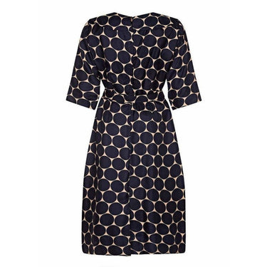 ARCHIVE - Leslie Fay 1950s Silk Navy and Cream Circle Print Dress With Belt