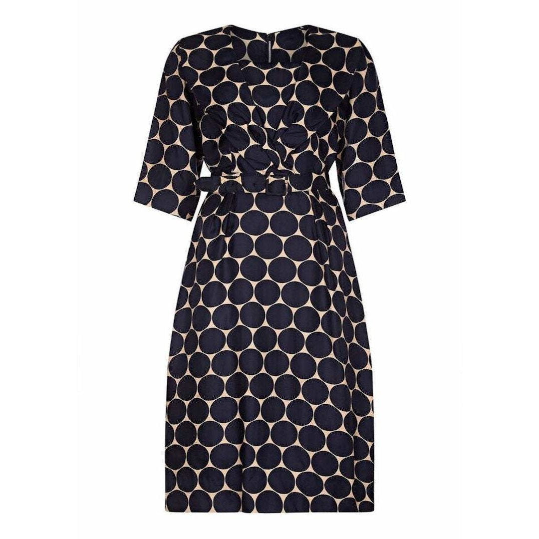 Leslie Fay 1950s Silk Navy and Cream Circle Print Dress With Belt