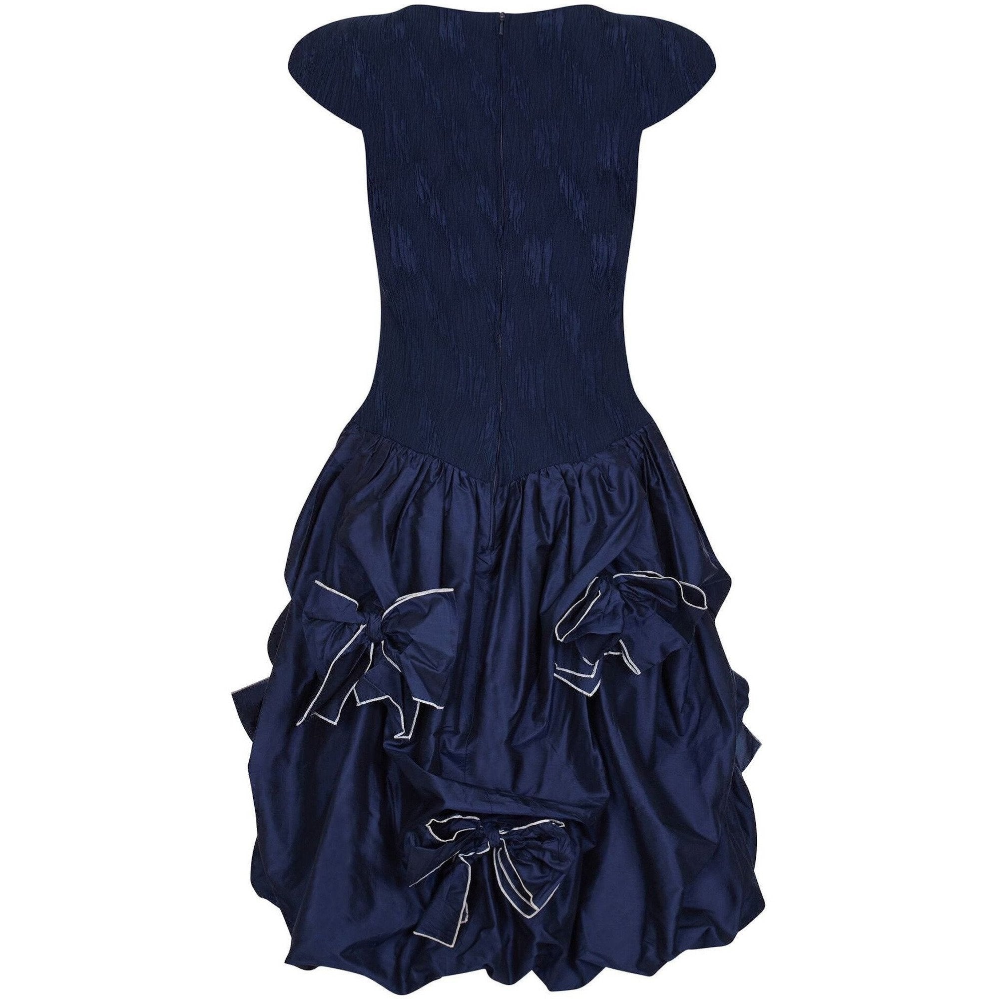 Louis Feraud 1980s or 1990s Navy Silk Taffeta Dress With Bow Embellishments