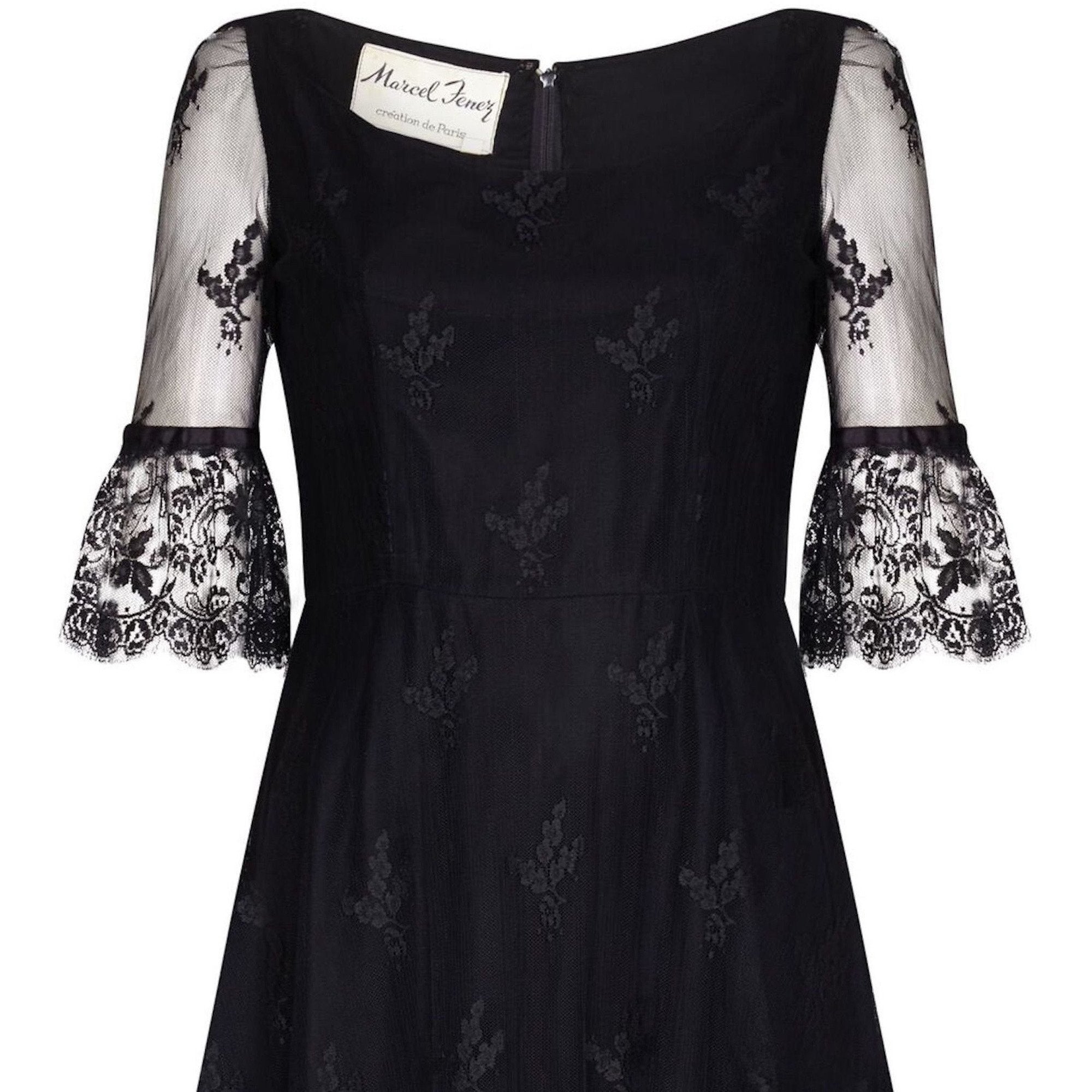 Marcel Fenez 1960s Black Cocktail Dress With Lace Cuffs