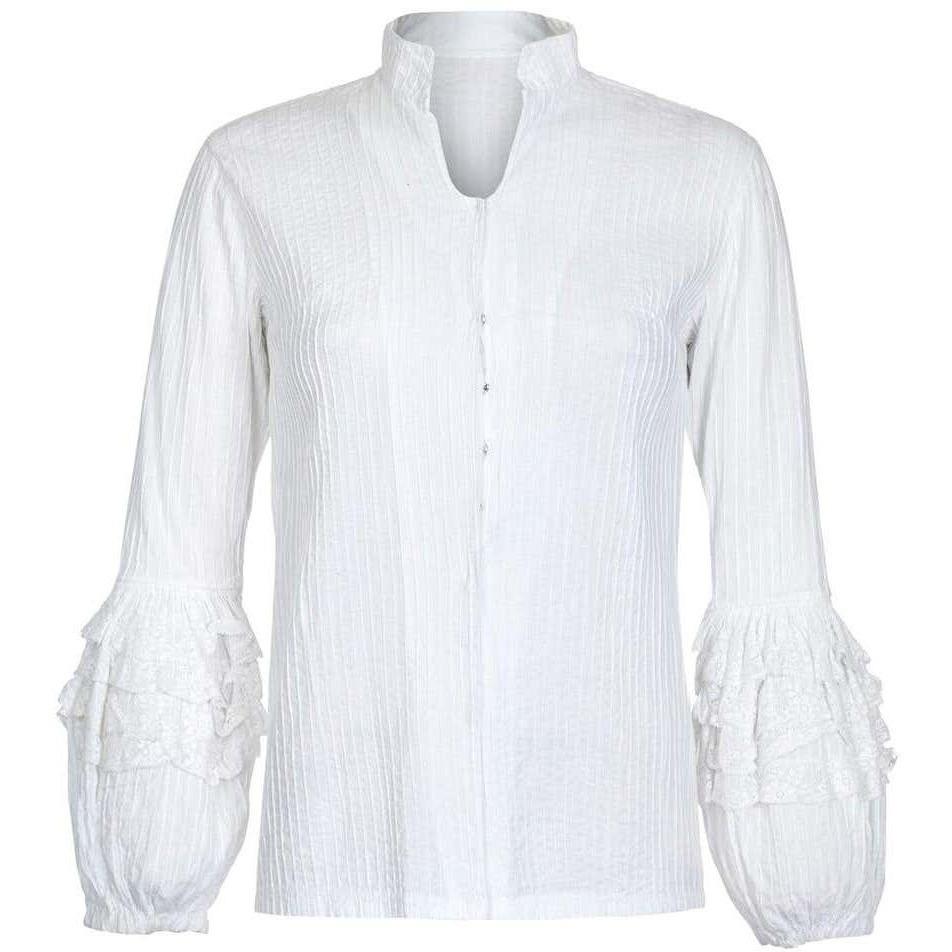 Mexicana 1970s White Cotton Pin-Tuck Blouse with Lace Bubble Sleeves