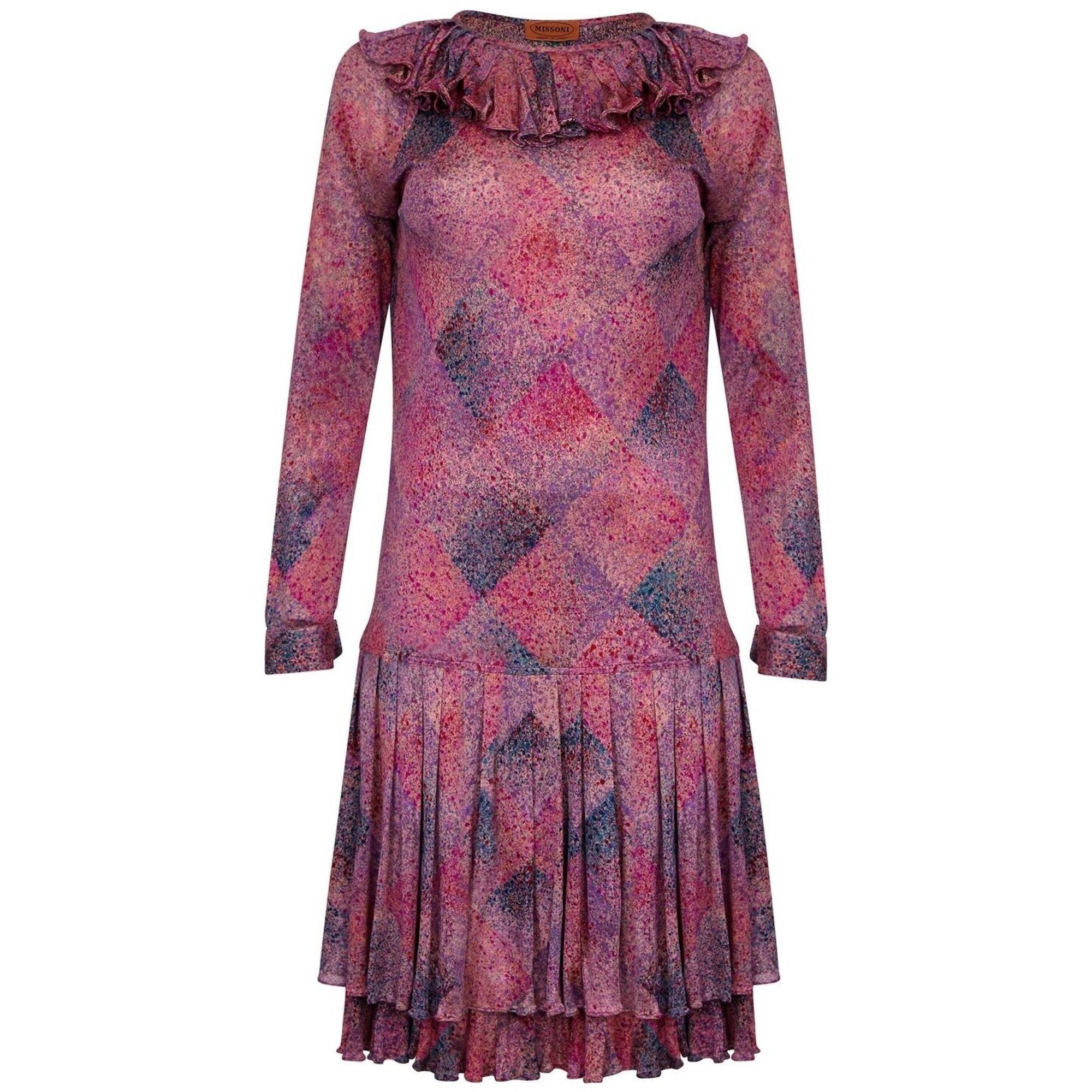 Missoni 1970s Silk Harlequin Paint Effect Dress With Ruffle Collar