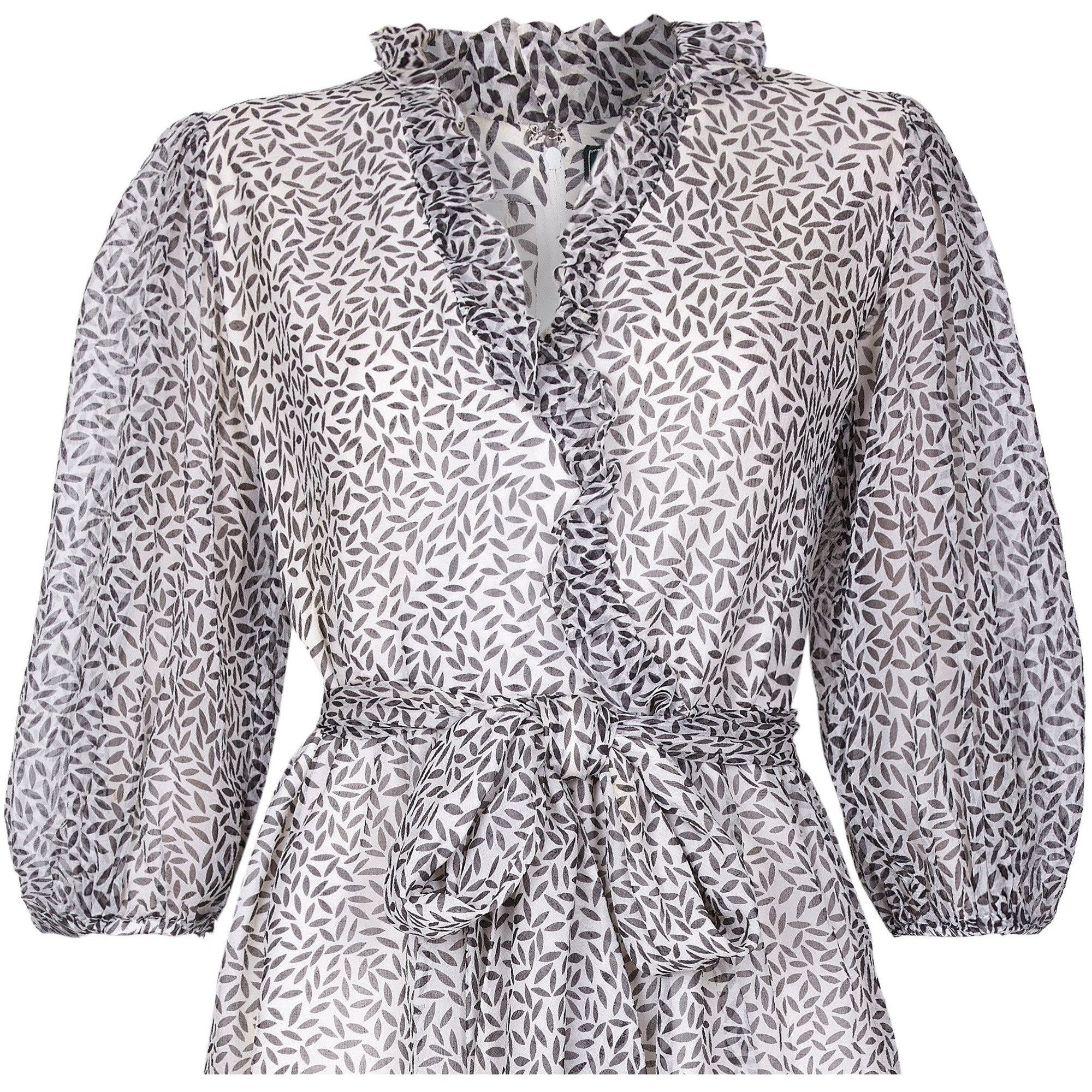 Norman Hartnell 1970s Couture Silk Crepe Monochrome Print Dress