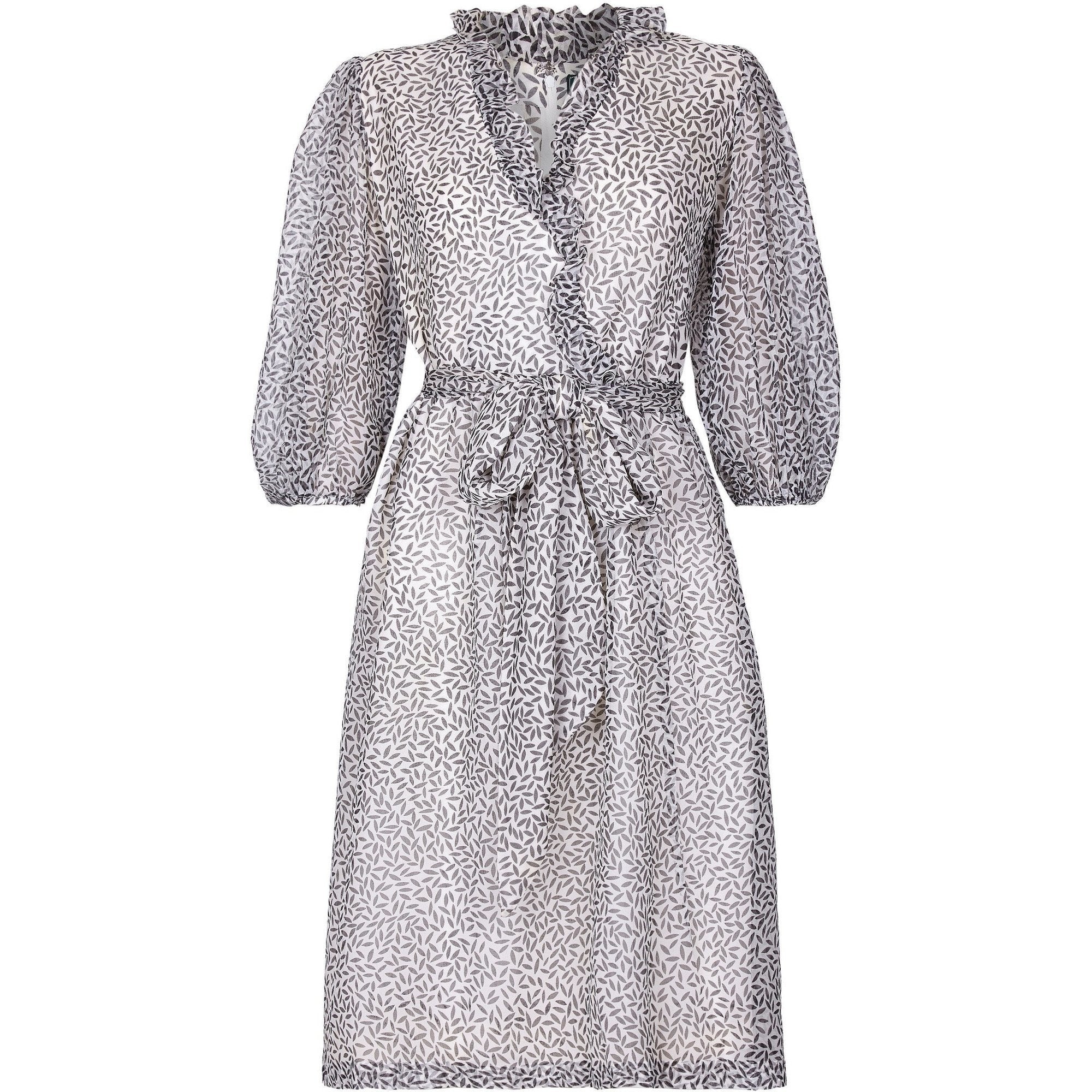 Norman Hartnell 1970s Couture Silk Crepe Monochrome Print Dress