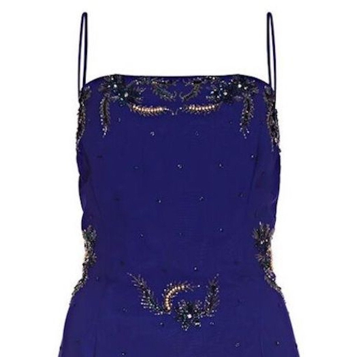 Selfridges 1950s Midnight Blue Chiffon Beaded Cocktail Dress