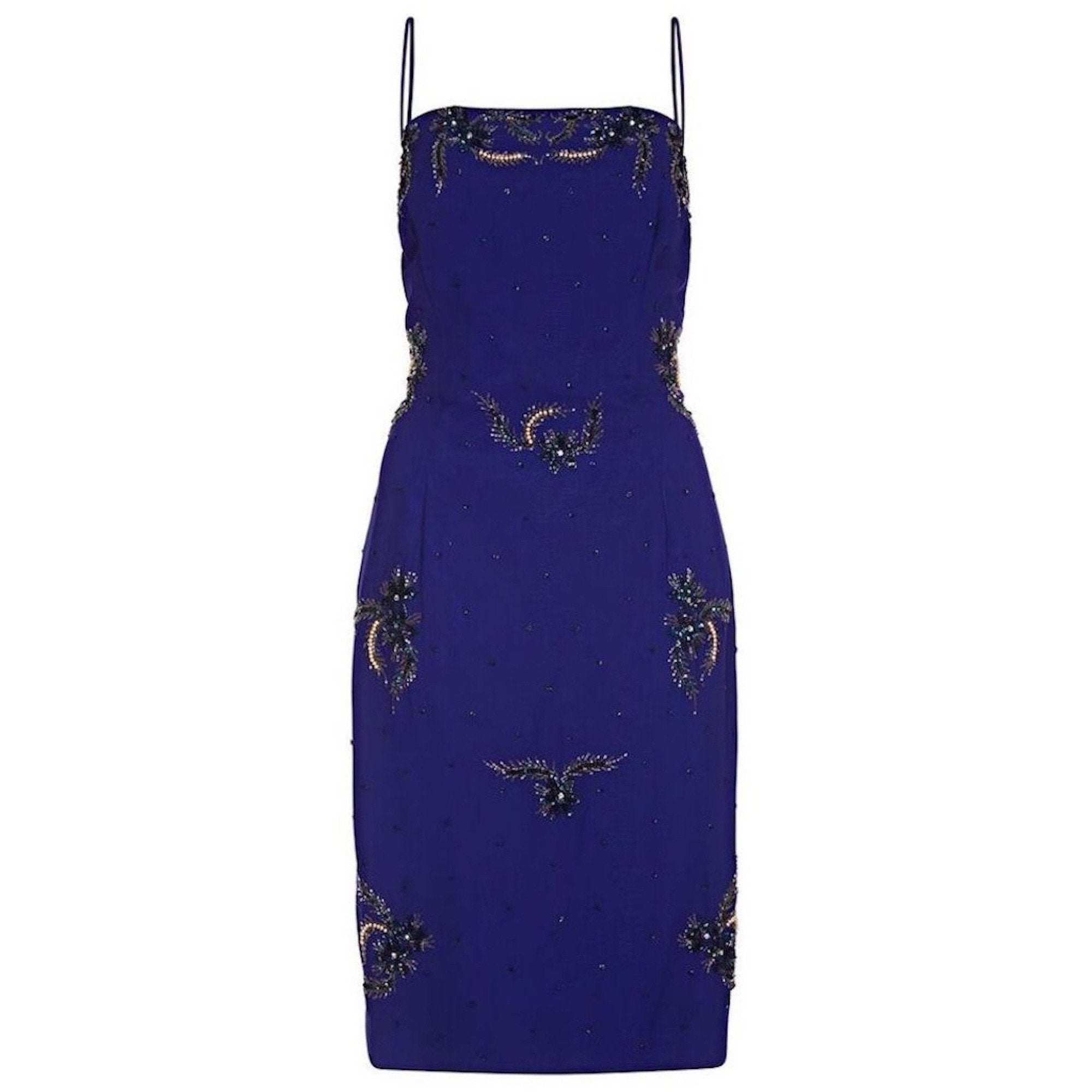 Selfridges 1950s Midnight Blue Chiffon Beaded Cocktail Dress