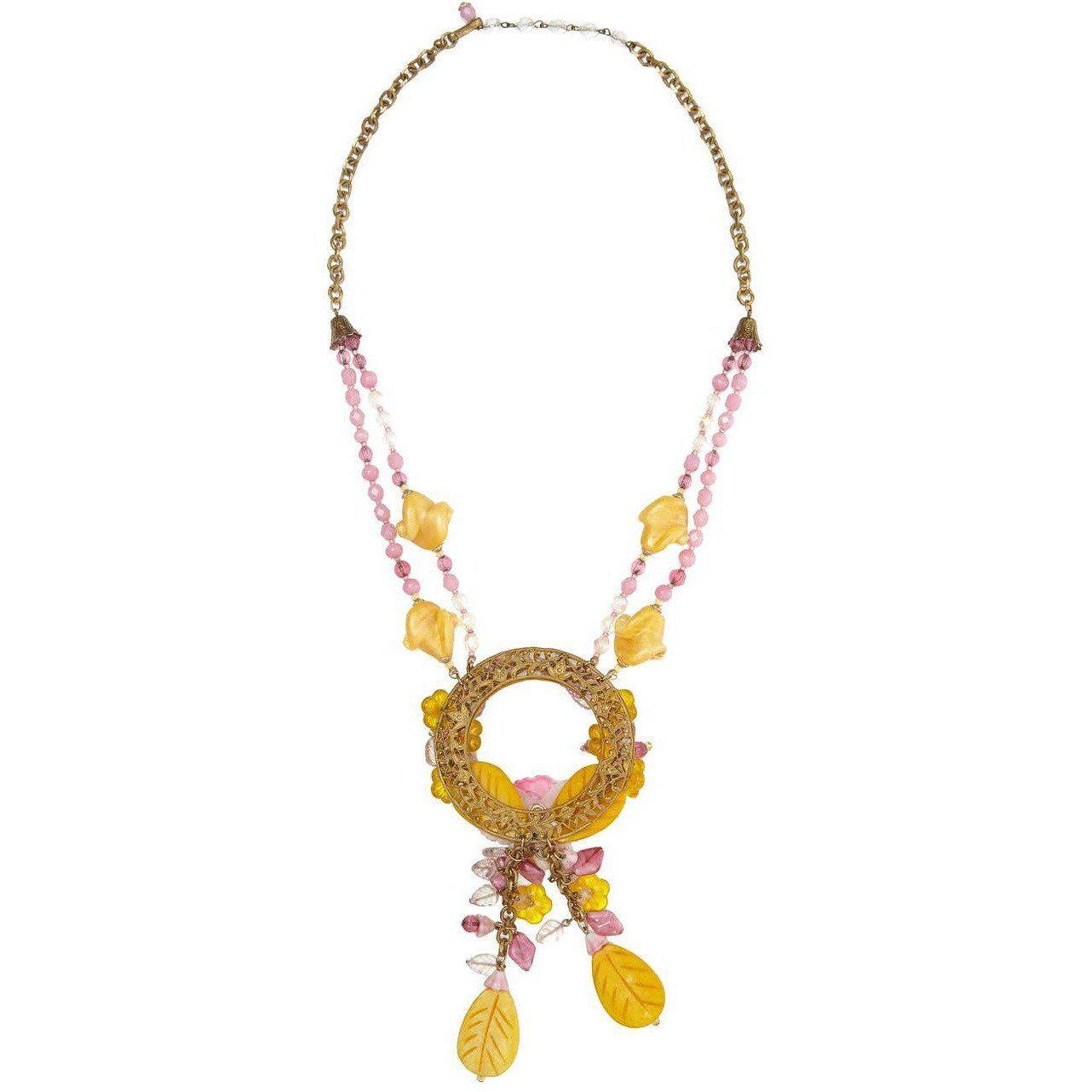 Spectacular 1960s Miriam Haskell Yellow and Pink Glass Orchid Necklace