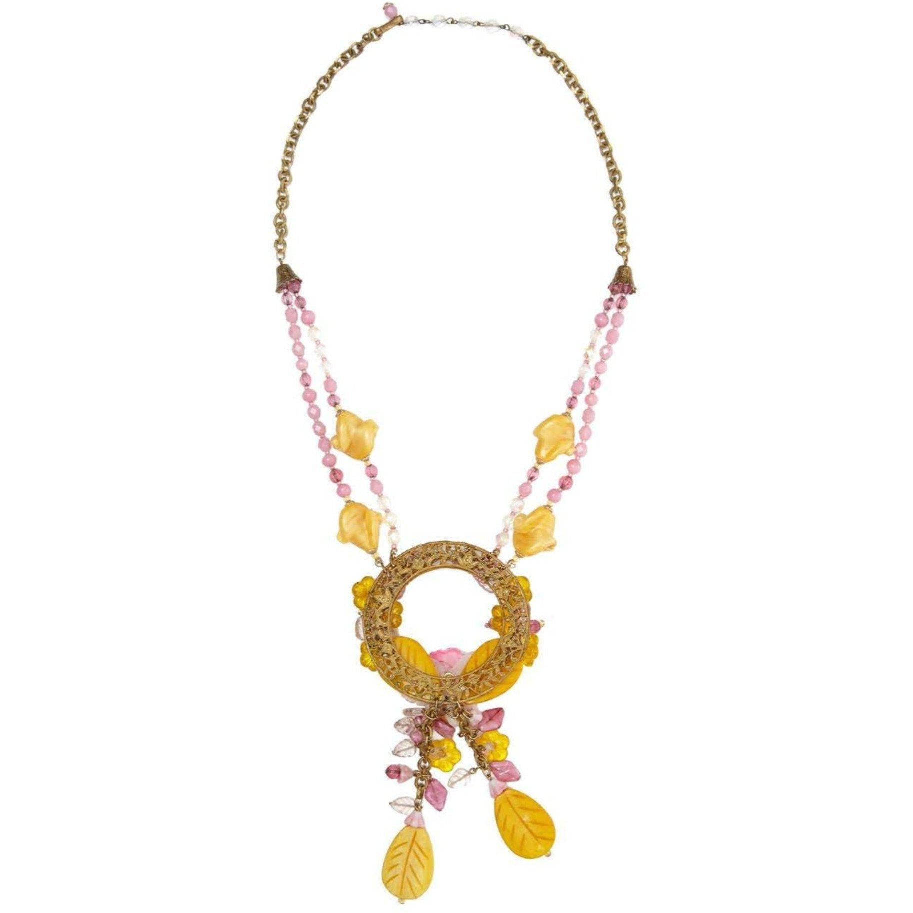 Spectacular 1960s Miriam Haskell Yellow and Pink Glass Orchid Necklace