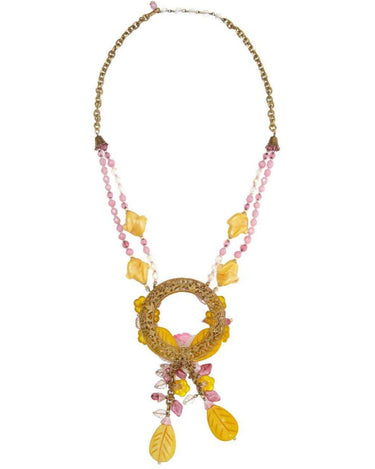 Spectacular 1960s Miriam Haskell Yellow and Pink Glass Orchid Necklace