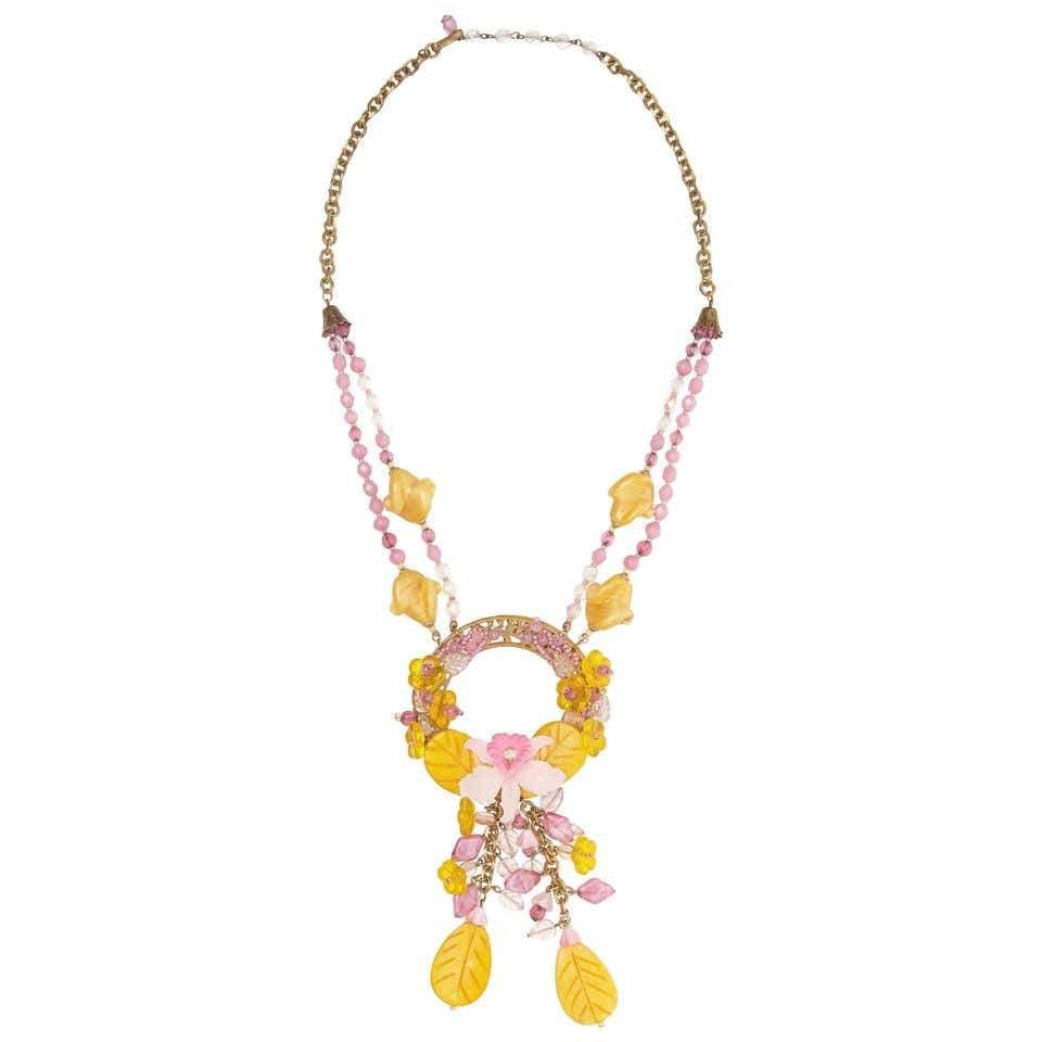 Spectacular 1960s Miriam Haskell Yellow and Pink Glass Orchid Necklace