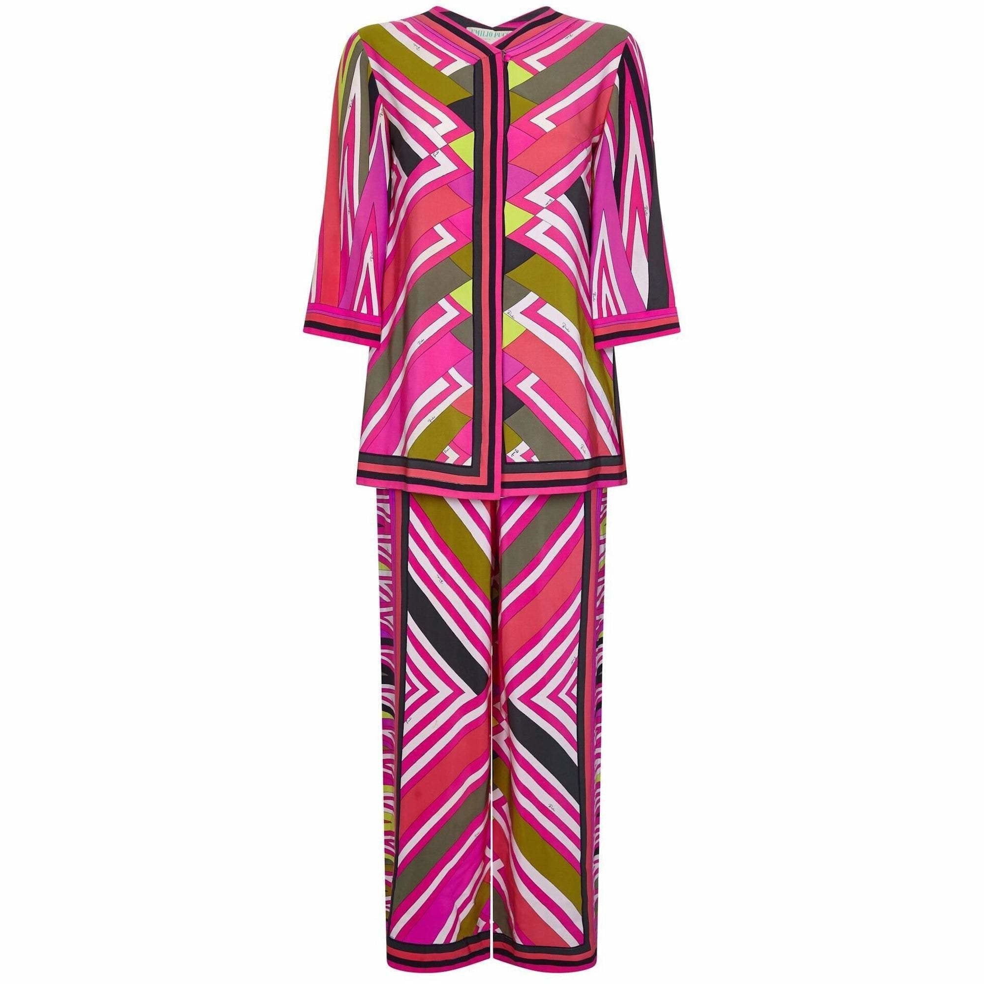 Superb Emilio Pucci 1960s Geometric Print Silk Trouser Lounging Set