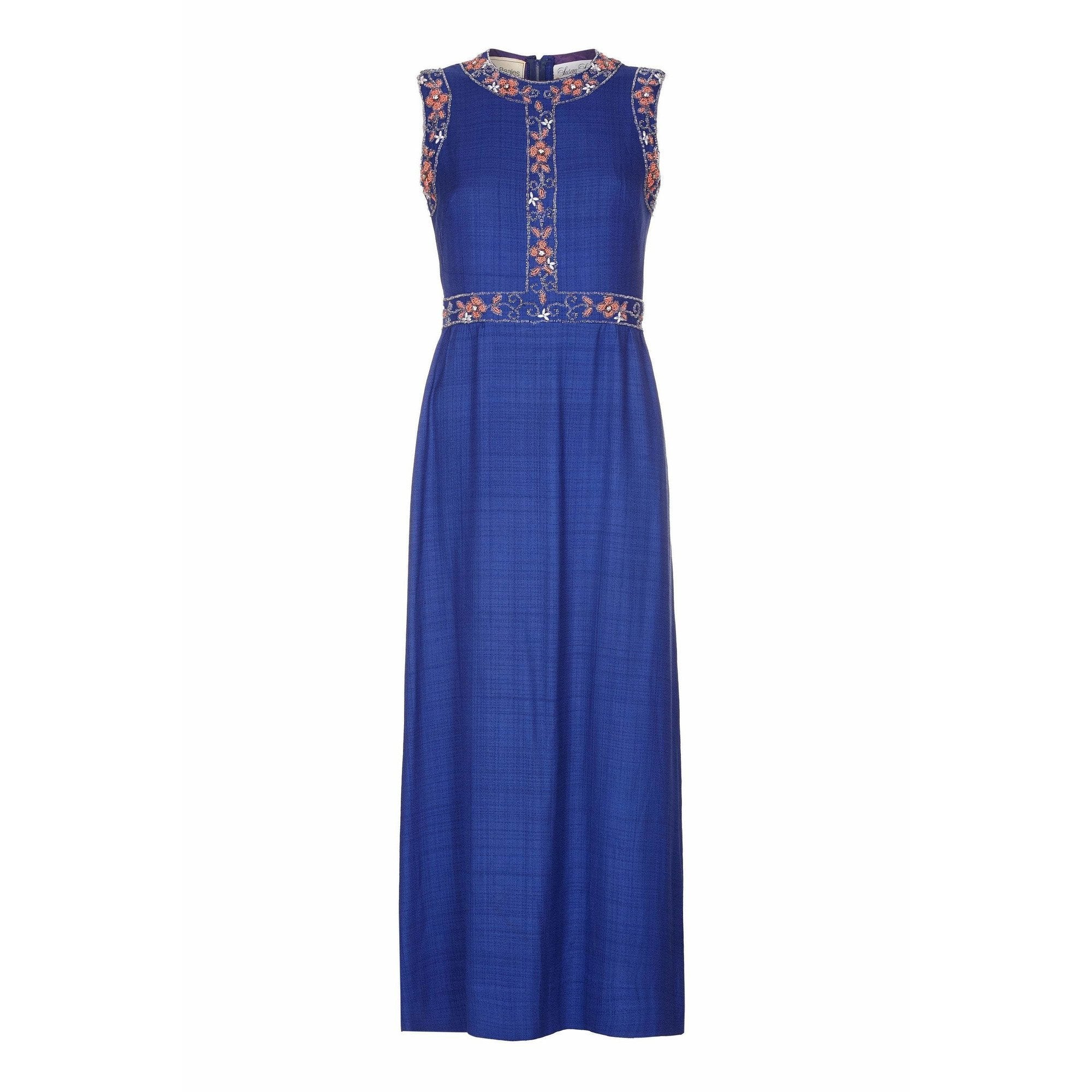 Susan Small 1970s Blue Silk/ Linen Beaded Maxi Dress