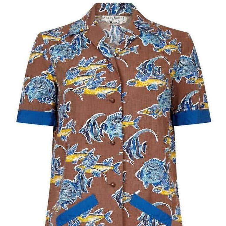 Teddy Tinling 1950s Cotton Set With Novelty Marine Fish Print