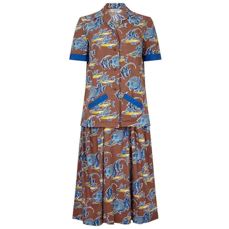 Teddy Tinling 1950s Cotton Set With Novelty Marine Fish Print