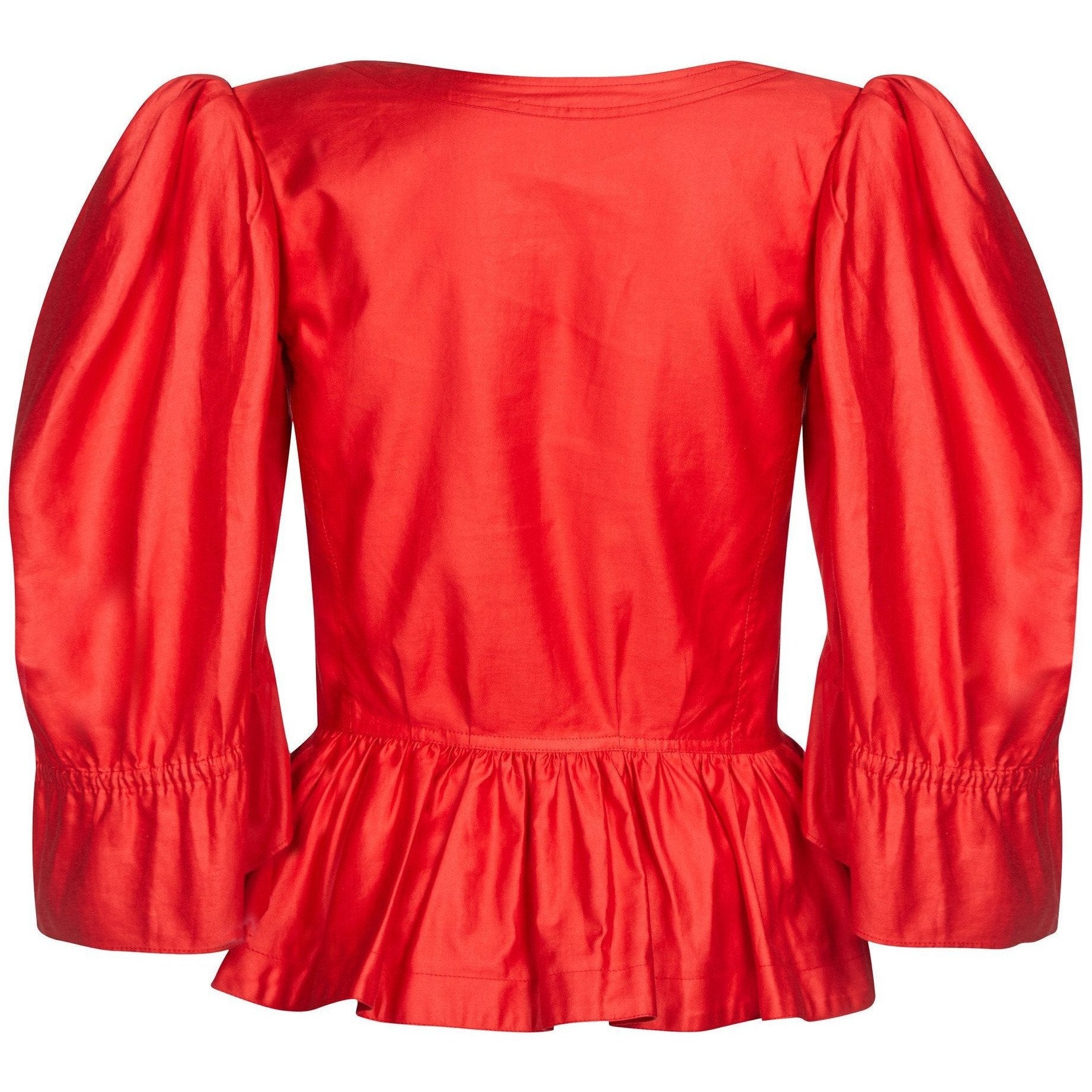 Yves Saint Laurent 1970s Red Cotton Bell Sleeve Blouse With Puff Shoulder Detail