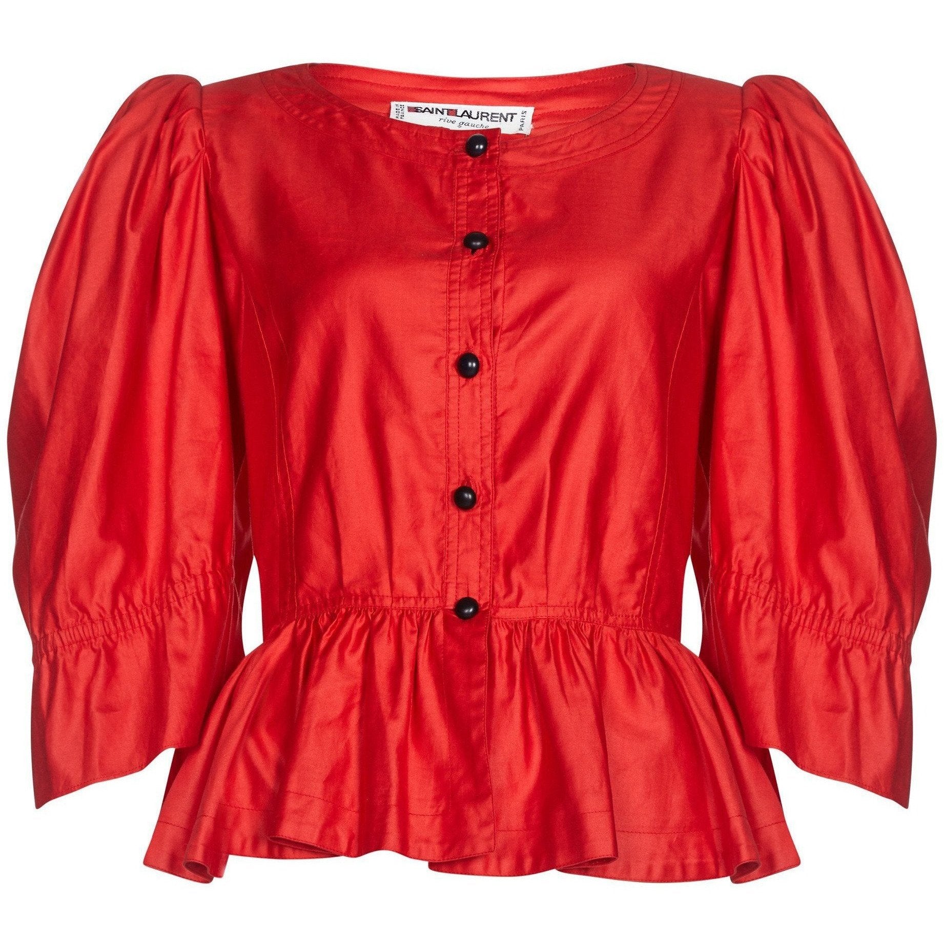 Yves Saint Laurent 1970s Red Cotton Bell Sleeve Blouse With Puff Shoulder Detail